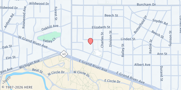 Map showing St. John Catholic Church & Student Center at 327 M. A. C. Ave, East Lansing, MI