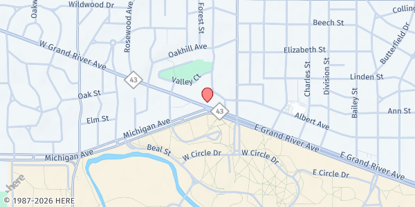 Map showing The Peoples Church at 200 W Grand River Ave, East Lansing, MI