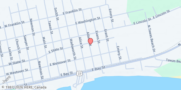 Map showing House of Faith Church at 214 Adams St, East Tawas, MI