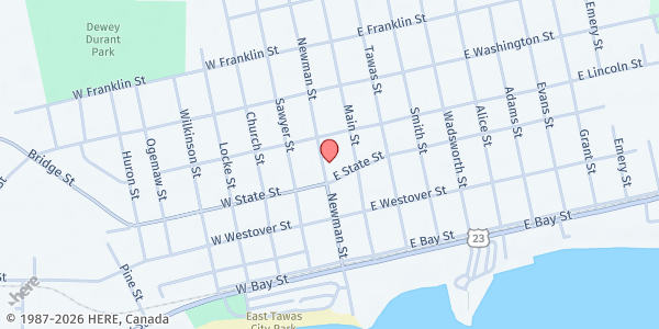 Map showing Iosco Co. Commission on Aging at 312 Newman St, East Tawas, MI