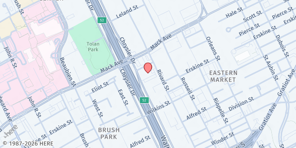 Map showing Sacred Heart Church/Saint Vincent at 3451 Rivard Street, Eastern Market, MI