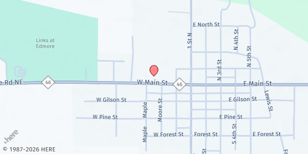 Map showing New Beginnings Church Food Pantry at 302 West Main Street, Edmore, MI