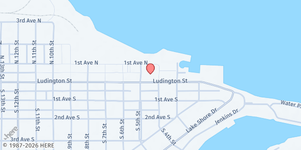 Map showing Escanaba Public Library at 400 Ludington Street, Escanaba, MI