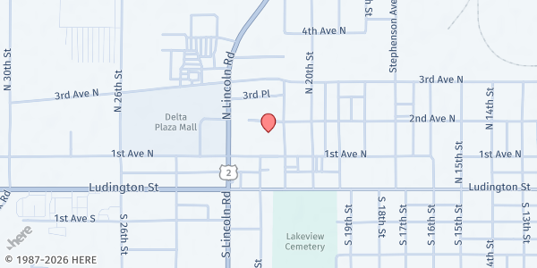 Map showing Escanaba Senior Center at 225 N. 21st St, Escanaba, MI
