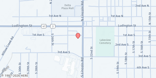 Map showing Escanaba Seventh Day Adventist Food Pantry at 2305 1st Ave S, Escanaba, MI