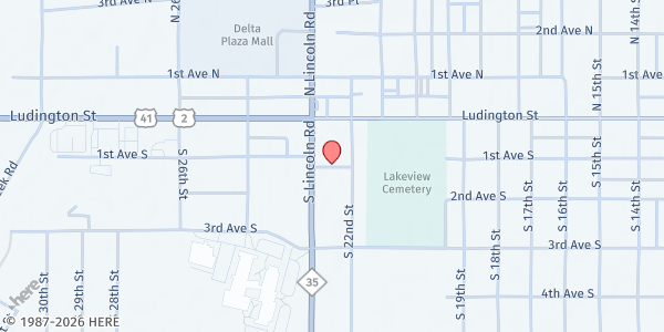 Map showing Escanaba Seventh Day Adventist Pantry & Community Center at 2305 1st Ave S, Escanaba, MI