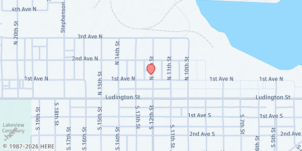 Map showing New Harvest House & Soup Kitchen at New Harvest Church at 201 12th Street North, Escanaba, MI