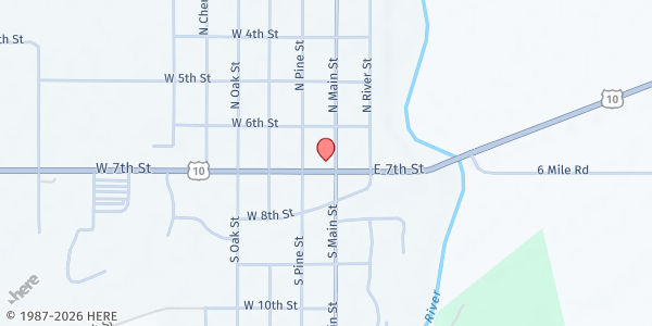Map showing Evart Public District Library at 105 North Main Street, Evart, MI