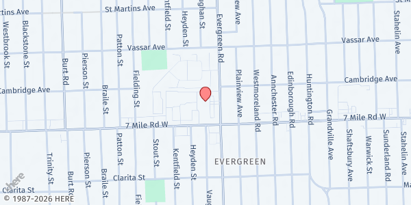 Map showing Cambridge Senior Apartments at 19101 Evergreen Road, Evergreen Lahser 7/8, MI