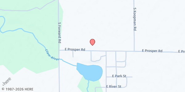 Map showing Falmouth Area Library at 219 E. Prosper Rd., Falmouth, MI