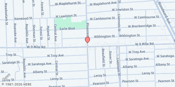 Map showing Renaissance Vineyard Church at 1841 Pinecrest Drive, Ferndale, MI