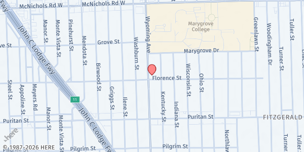 Map showing House of Prayer and Praise at 16520 Wyoming Avenue, Fitzgerald/Marygrove, MI