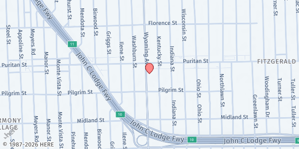 Map showing Moorish Science Temple of America at 15820 Wyoming Avenue, Fitzgerald/Marygrove, MI
