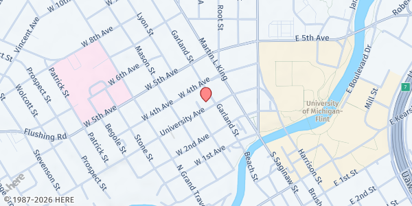 Map showing Carriage Town Mission at 605 Garland St., Flint, MI