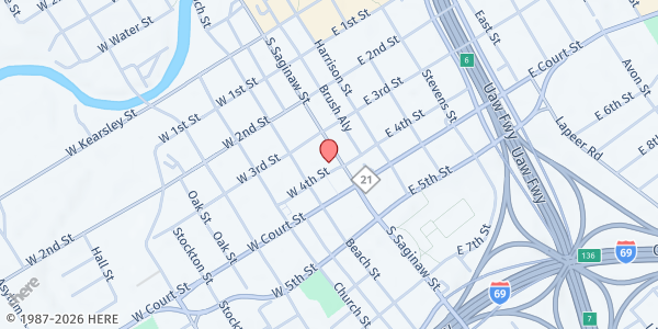 Map showing First Presbyterian Church at 746 S. Saginaw St., Flint, MI