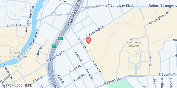 Map showing Gloria Coles Flint Public Library at 1026 East Kearsley St., Flint, MI