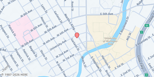 Map showing Odyssey House of Flint at 529 M L King Ave, Flint, MI