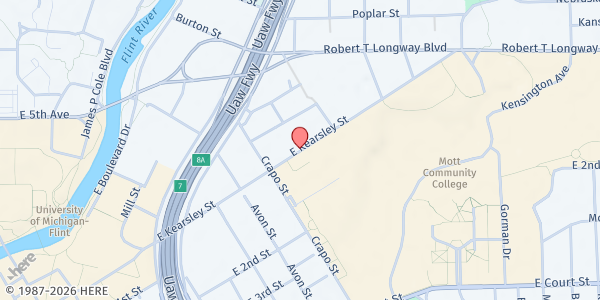 Map showing Ruth Mott Foundation - Food Distribution Center at 1400 E Kearsley St, Flint, MI