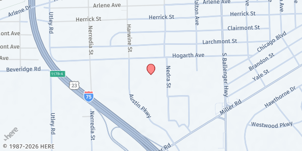 Map showing St. Pius X Catholic Church at G-3139 Hogarth Ave., Flint, MI