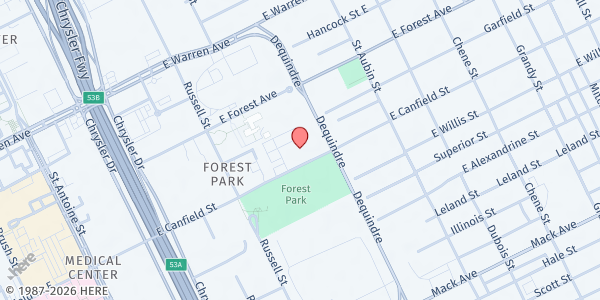 Map showing MDHHS Wayne County South-Central Children & Family Services Office at 1801 East Canfield Street, Forest Park, MI