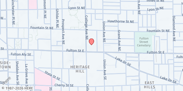 Map showing Central Reformed Church - Addie's Pantry at 10 College Ave NE, Grand Rapids, MI