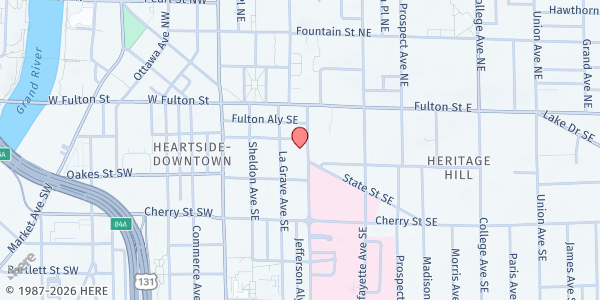 Map showing Downtown Food Pantry at Westminster Presbyterian Church at 47 Jefferson Avenue SE, Grand Rapids, MI