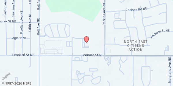 Map showing Kids' Food Basket Main Location at 1300 Plymouth Ave NE, Grand Rapids, MI