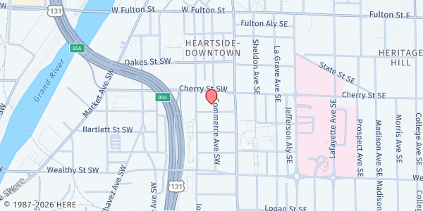Map showing Mel Trotter at 225 Commerce Ave SW, Grand Rapids, MI