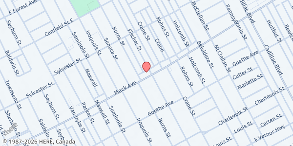 Map showing Detroit Give Back Fest - Gratiot Woods at 8635 Mack Avenue, Gratiot Woods, MI