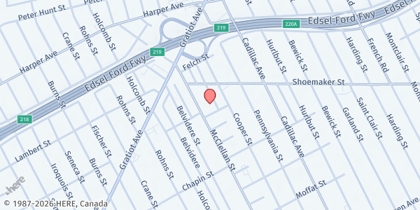 Map showing Nativity Of Our Lord Pantry at 5900 McClellan Avenue, Gratiot Woods, MI