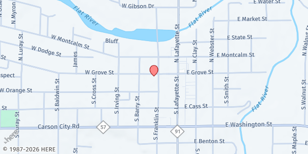 Map showing First Church of God at 101 South Franklin Street, Greenville, MI