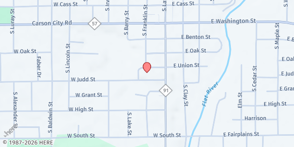 Map showing Flat River Community Library at 200 W. Judd Street, Greenville, MI