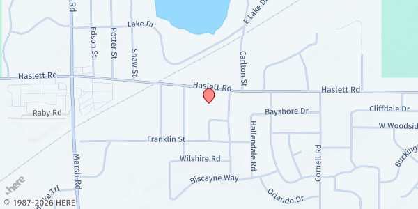 Map showing Haslett Community Church - Food Distribution Center at 1427 Haslett Rd, Haslett, MI