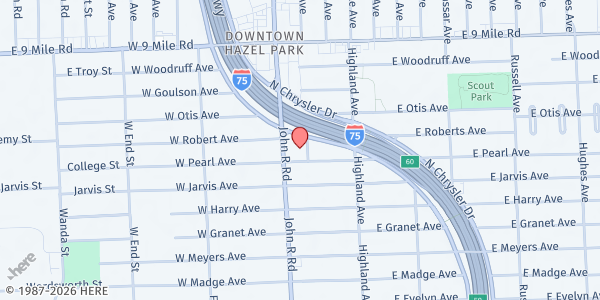 Map showing Divine Favor Ministries at 22223 Rhodes Avenue, Hazel Park, MI