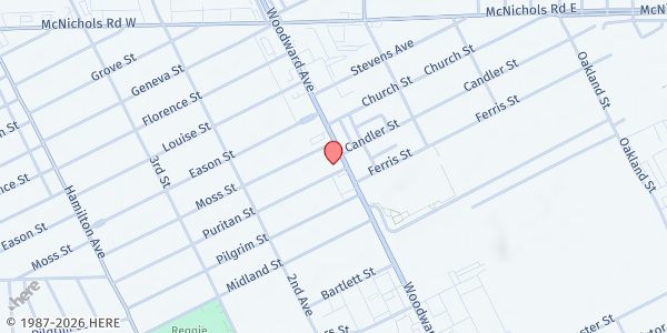 Map showing Maiden House Ministries at Puritan Ave, Highland Park, MI