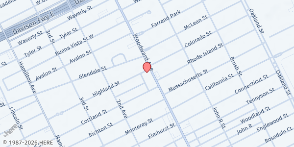 Map showing Prayer Temple of Love, forgotten harvest at 12375 Woodward Avenue, Highland Park, MI
