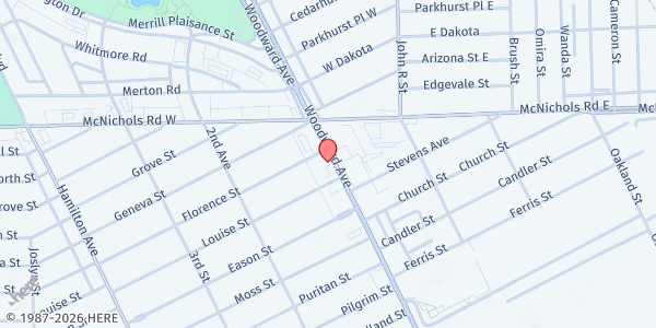 Map showing Revival Tabernacle at 16455 Woodward Avenue, Highland Park, MI