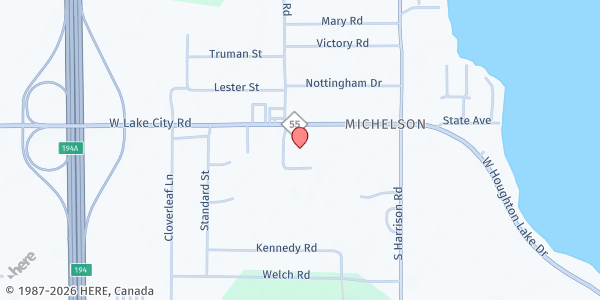 Map showing MidMichigan Community Health Services - Houghton Lake at 9249 W. Lake City Rd, Houghton Lake, MI