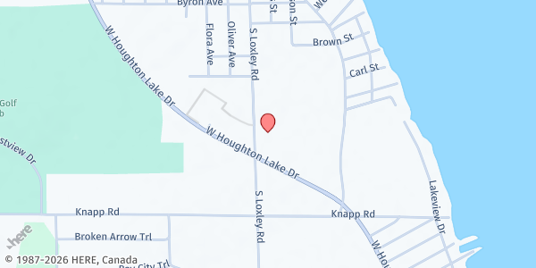 Map showing Roscommon County Food Pantry at 725 Loxley St, Houghton Lake, MI