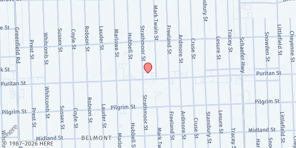 Map showing Mt. Lebanon Strathmoor Church at 14400 Puritan Avenue, Hubbell-Puritan, MI
