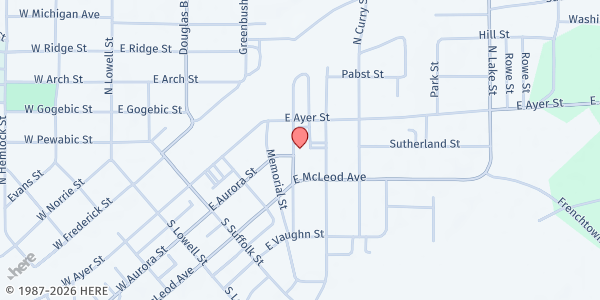 Map showing St. Vincent DePaul Our Lady of Peace at 108 S Marquette Street, Ironwood, MI