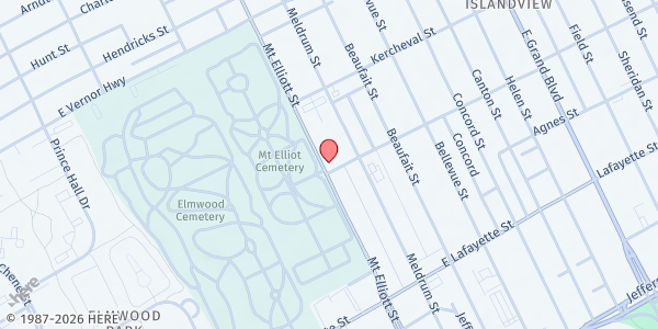 Map showing Capuchin Soup Kitchen - Islandview at 1740 Mount Elliott Street, Islandview, MI