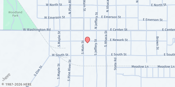 Map showing First Presbyterian Church of Ithaca at 218 E Newark St, Ithaca, MI