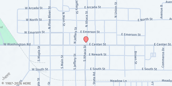 Map showing Ithaca Living Hope Church at 327 E Center St, Ithaca, MI