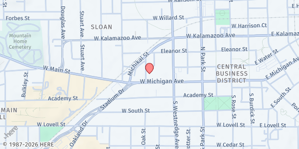 Map showing Saint Augustine Church-Loaves & Fishes Food Pantry at 542 W Michigan Ave, Kalamazoo, MI