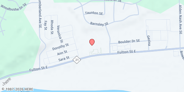 Map showing Flat River Outreach Ministeries at 11535 Fulton Street E, Lowell, MI