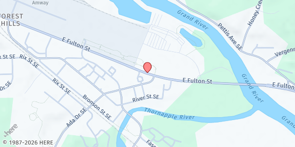 Map showing Flat River Outreach Ministries at 11535 E Fulton, Lowell, MI