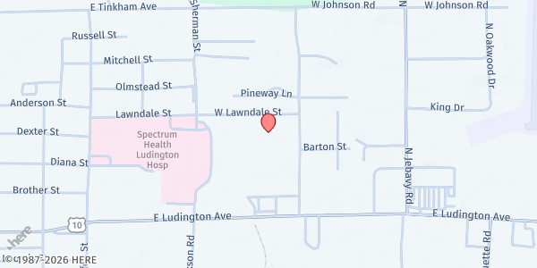 Map showing Cornerstone Baptist Church Food Pantry at 121 Nelson Road, Ludington, MI