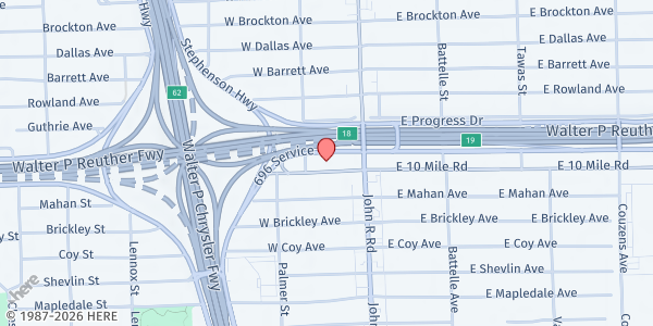 Map showing 10 Mile Free Will Baptist Church at 74 West 10 Mile Road, Madison Heights, MI