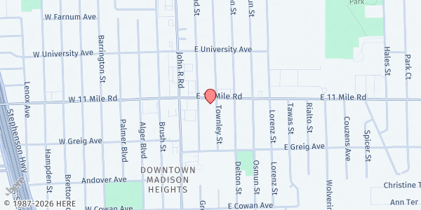 Map showing Madison Heights UMC Food Pantry at 246 E 11 Mile Rd, Madison Heights, MI